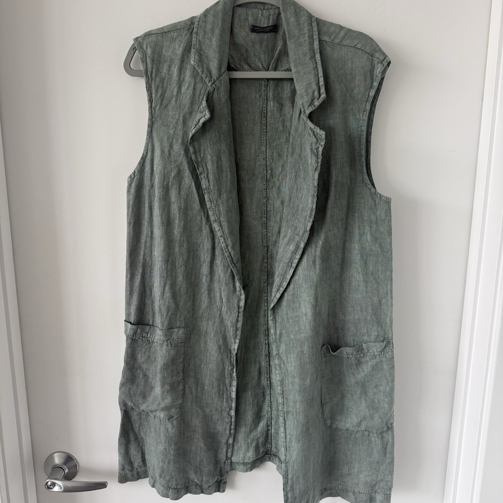Lungo L'Arno Italy 100% Linen Longline Duster Vest Lagen Boho Resort Green L